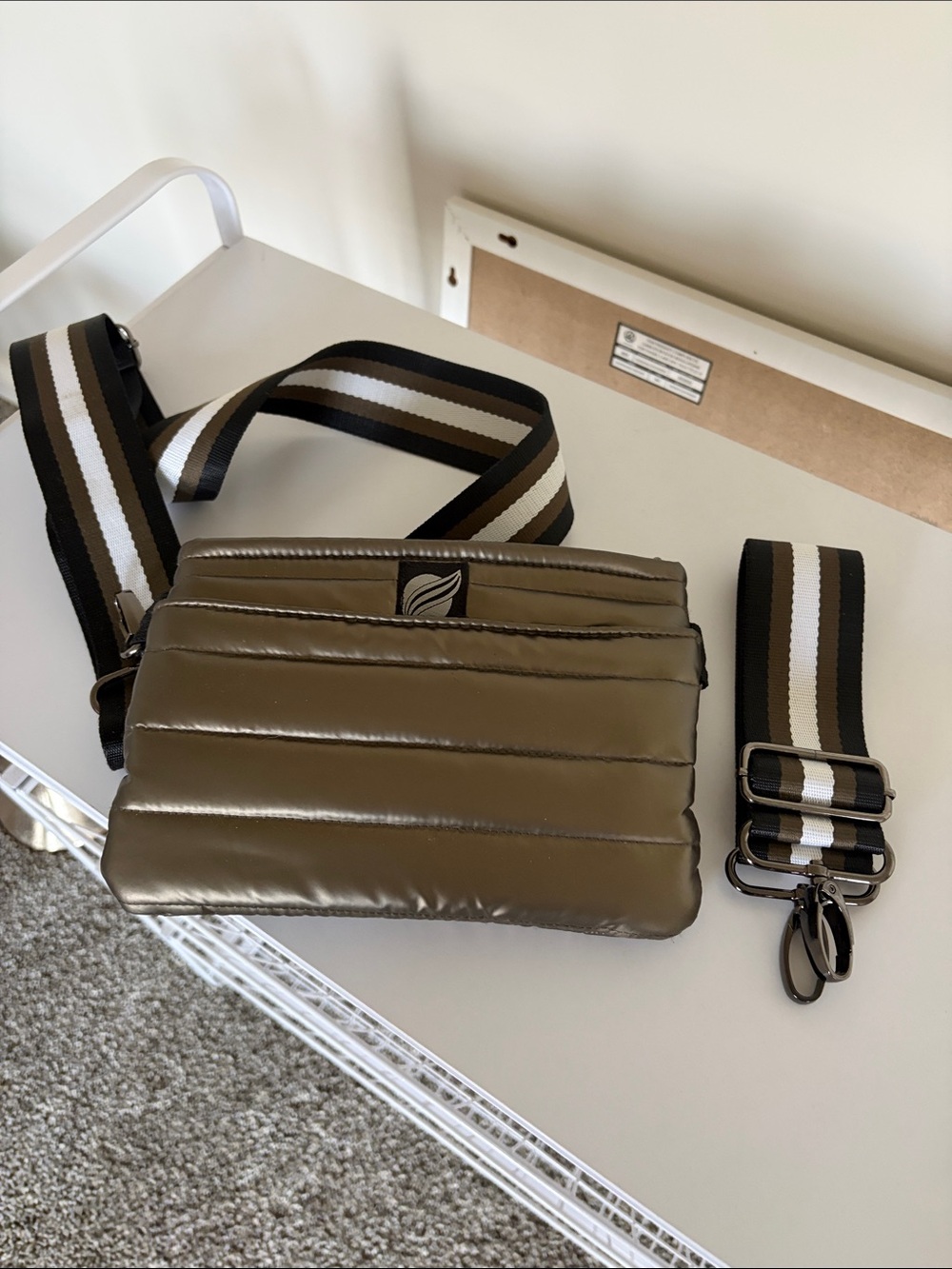 THINK ROYLN Olive Quilted Crossbody with Striped Removable Strap